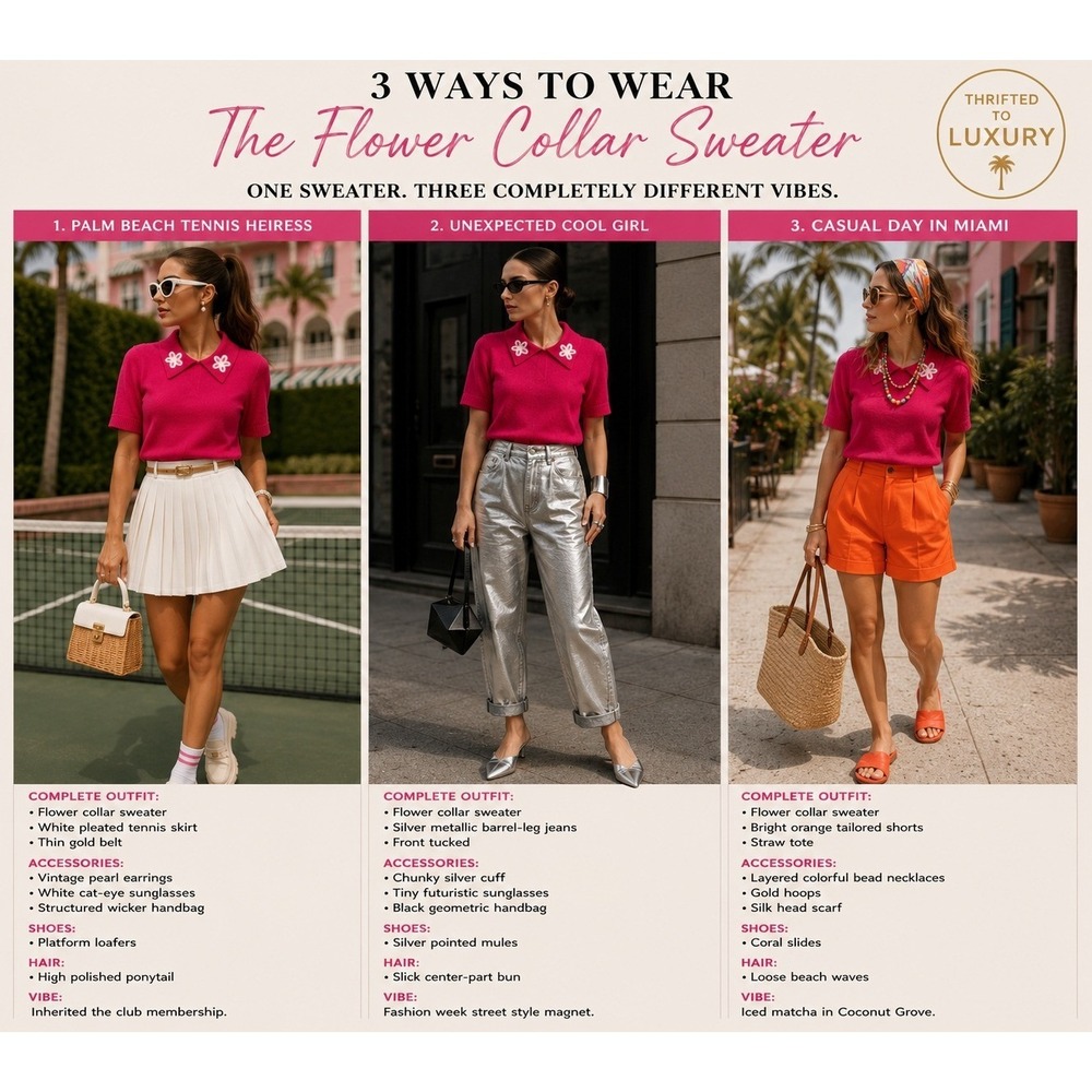 La Vila Milano Pink Flower Collar Short Sleeve Polo Sweater Knit Top Large - Picture 7 of 7
